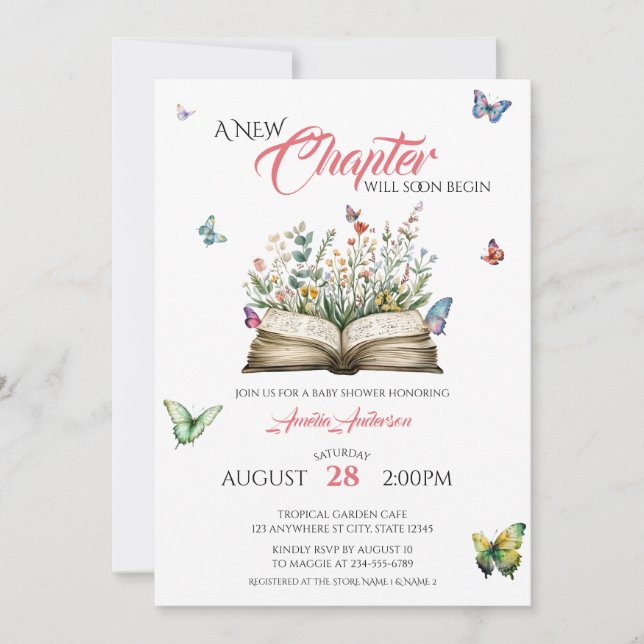 Invitación Un capítulo nuevo libro floral acuarela mariposas (Anverso)
