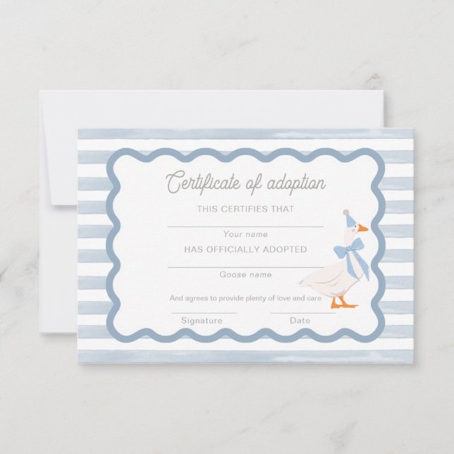 Invitación Un certificado de adopción de un peluche de Un Gan (Anverso)