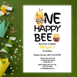 Invitación Un Chica Abeja Feliz Miel Amarillo Primer Cumpleañ