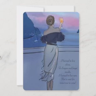 Invitación Un chica con una copa de vino en la costa