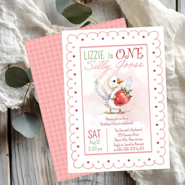 Invitación Un Chica de fresa de Silly Goose primer Fiesta de  ("One Silly Goose" Baby Goose (Gosling) and Strawberry Doodle Frame Girl's 1st Birthday Party Invite)