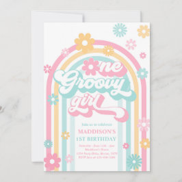 Invitación Un Chica de Groovy Boho Daisy Rainbow Primer cumpl
