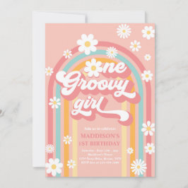 Invitación Un Chica de Groovy Boho Daisy Rainbow Primer cumpl