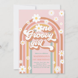 Invitación Un Chica de Groovy Boho Daisy Rainbow Primer cumpl