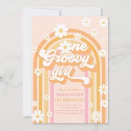 Invitación Un Chica de Groovy Boho Daisy Rainbow Primer cumpl