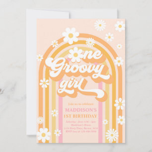 Invitación Un Chica de Groovy Boho Daisy Rainbow Primer cumpl
