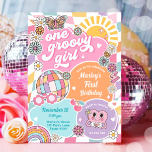 Invitación Un Chica de Groovy Retro Preppy Varsity Cumpleaños