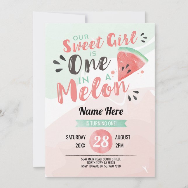 Invitación Un Chica dulce primer melón primer cumpleaños invi (Anverso)