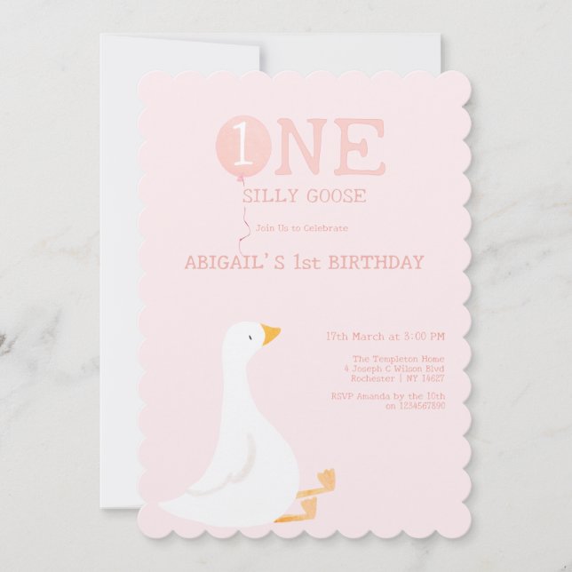 Invitación Un Chica rosado y tonto de oca, primer cumpleaños (Anverso)