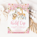 Invitación Un Chica salvaje, animales de Safari, primer cumpl<br><div class="desc">Estas invitaciones para el primer cumpleaños incluyen un grupo de adorables animales de safari rodeados de hermosas flores de color de agua y falsos acentos de oro rosa. Utilice las herramientas de diseño para editar el texto, cambiar el color de fuente y el estilo para crear un diseño único de...</div>