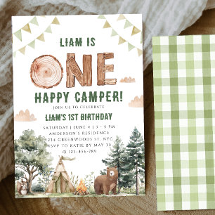 Invitación Un chico de campamento feliz primer cumpleaños