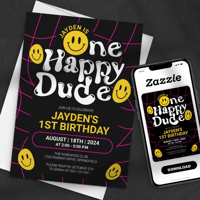 Invitación Un Chico Feliz Cara Sonriente Neon Cumpleaños 1 (Subido por el creador)