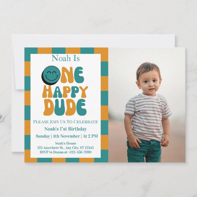 Invitación Un chico feliz primer cumpleaños foto (Anverso)