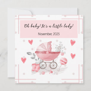 Invitación Un coche de bebé y corazones con un mensaje encant