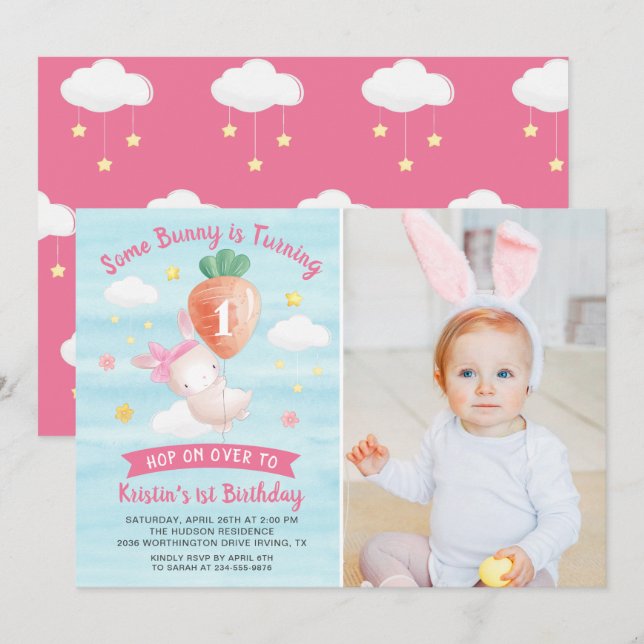 Invitación Un conejito rosado con una foto de cumpleaños de z (Anverso / Reverso)