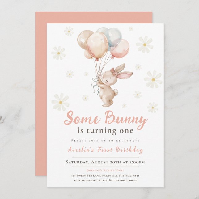 Invitación Un conejo es el primer Chica Fiesta Pastel de Pasc (Anverso / Reverso)