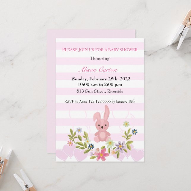 Invitación Un conejo lindo rayas rosadas bebé ducha (Anverso/Reverso In Situ)