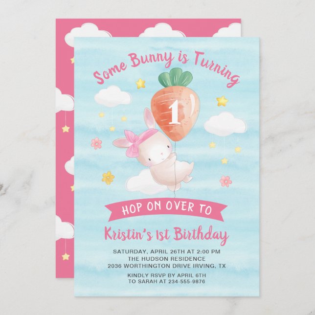 Invitación Un conejo pequeño con un cumpleaños estrecho (Anverso / Reverso)