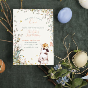 Invitación Un conejo rústico es Cottagecore, un Chica floral