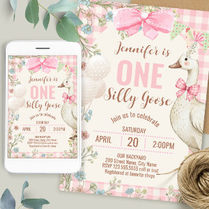 Invitación Un cumpleaños de ganso tonto de gingham rosa