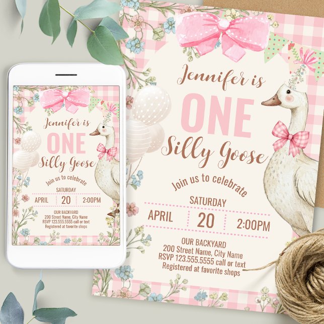 Invitación Un cumpleaños de ganso tonto de gingham rosa  (Subido por el creador)