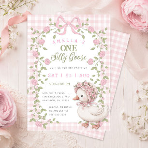 Invitación Un Cumpleaños de Gingham Rosa de un Ganso Tonto