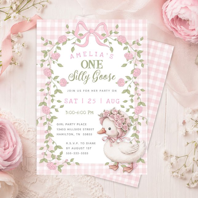 Invitación Un Cumpleaños de Gingham Rosa de un Ganso Tonto (One Silly Goose Pink Gingham Birthday Party Invitation)