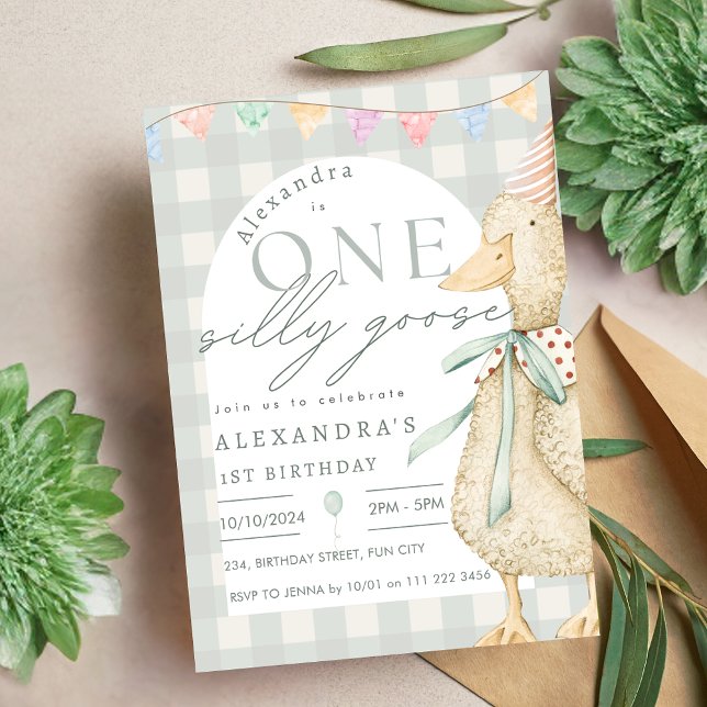 Invitación Un cumpleaños de Silly Goose Gingham (One Silly Goose Gingham 1st Birthday Invitation)
