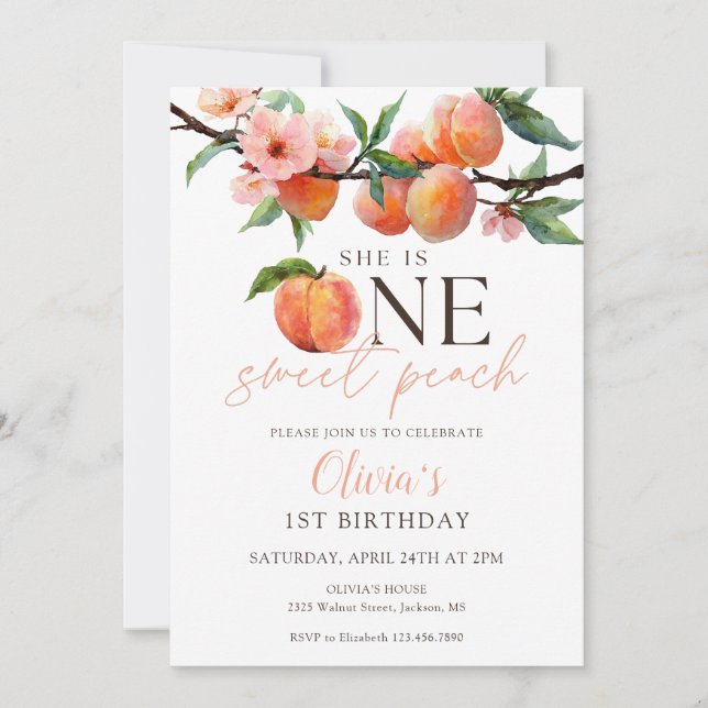 Invitación Un Cumpleaños de Un Dulce Melocotón  (Anverso)