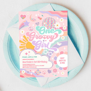 Invitación Un Cumpleaños Disco Arcoíris Soleado Groovy