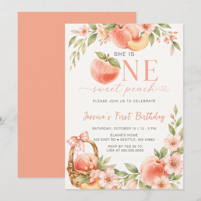Invitación Un Cumpleaños Dulce Melocotón (Anverso / Reverso)