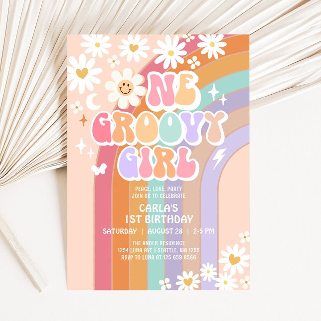 Invitación Un Cumpleaños Retro De Niña Groovy Hippie Arcoíris (Subido por el creador)