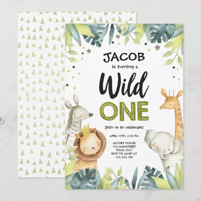 Invitación Un cumpleaños salvaje de los animales del verde (Anverso / Reverso)