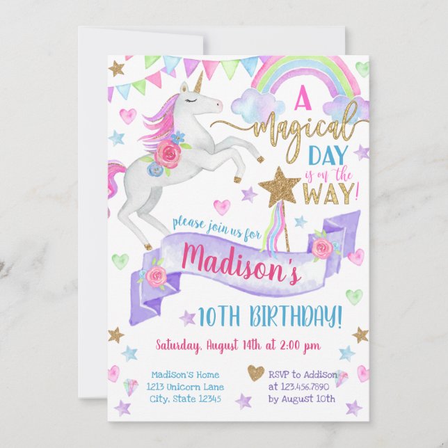 Invitación Un día mágico, cumpleaños de unicornio (Anverso)
