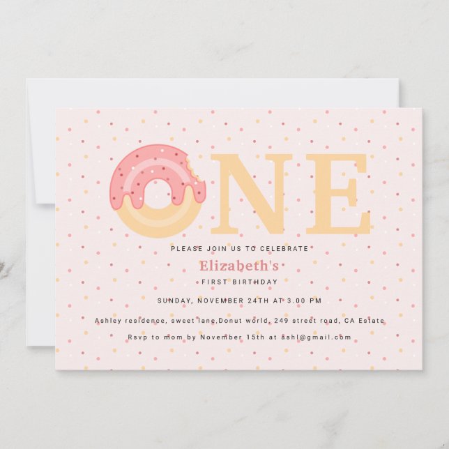Invitación Un donut rosado lindo un aspersor primer cumpleaño (Anverso)
