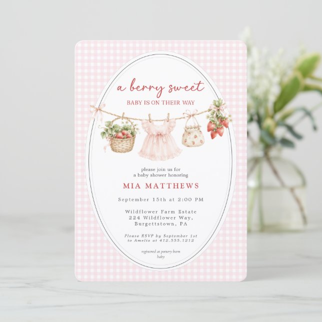 Invitación Un dulce bebé de fresa Baby Shower  (Anverso de pie)