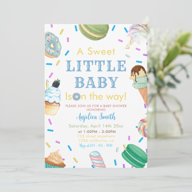 Invitación Un dulce bebé Donut Blue Dessere baby ducha (Anverso de pie)