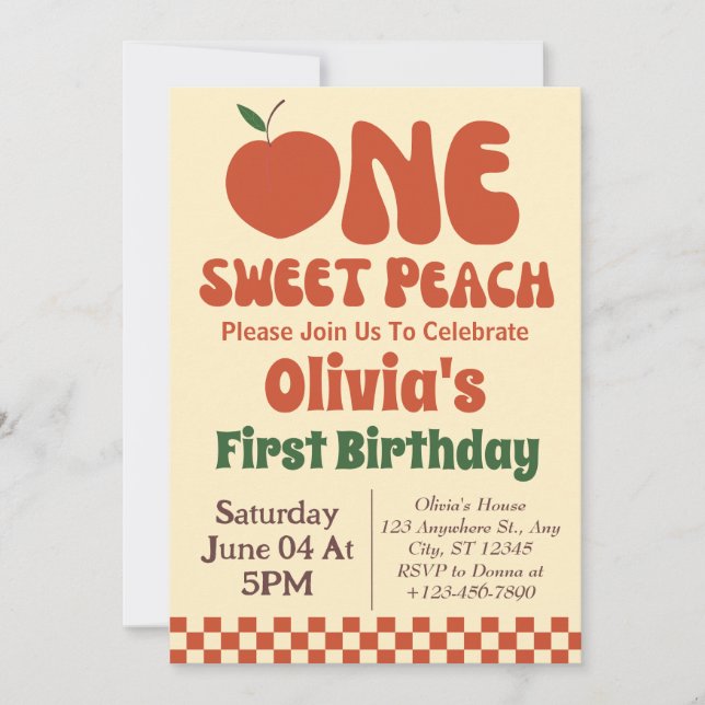 Invitación Un dulce cada- Retro Peach 1er cumpleaños (Anverso)