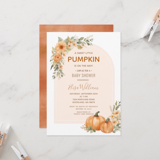 Invitación Un dulce calabaza floral de otoño en Baby Shower (Anverso/Reverso In Situ)