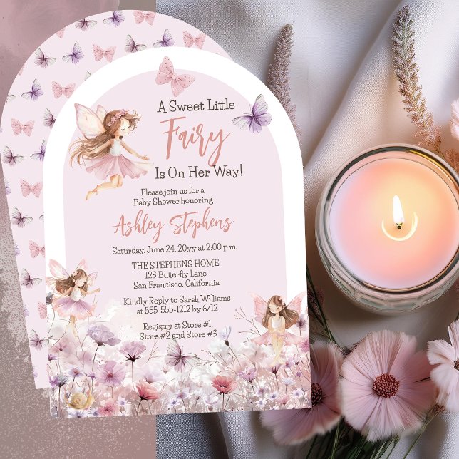 Invitación Un dulce Chica de flores silvestres de hadas peque (Enchanting "A Sweet Little Fairy Is On Her Way!" Girl Baby Shower Arched Invitation)