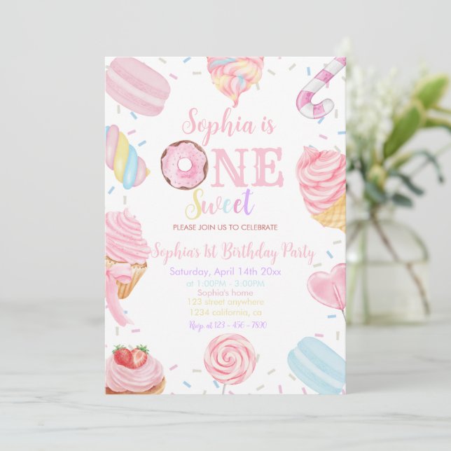 Invitación Un dulce Chica Donut pastel Rosa Primer Cumpleaños (Anverso de pie)