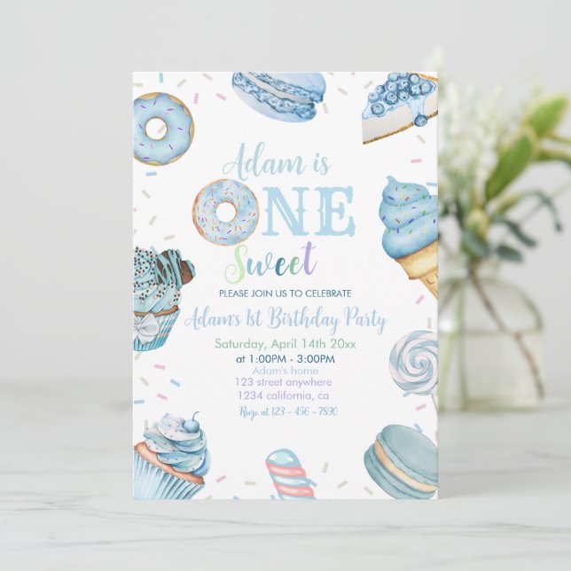 Invitación Un dulce chico Donut Blue Dessert Primer cumpleaño (Anverso de pie)