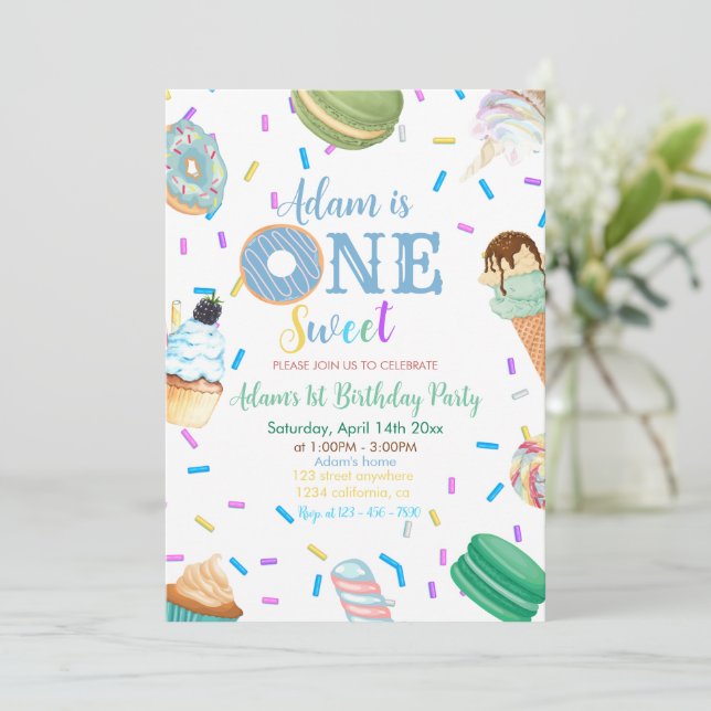 Invitación Un dulce chico Donut Blue Dessert Primer cumpleaño (Anverso de pie)