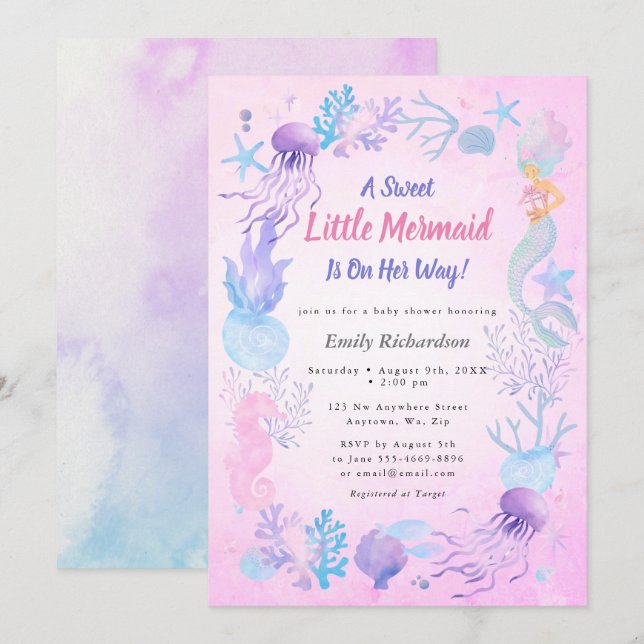 Invitación Un Dulce Cumpleaños de Sirenita Pastel Niña (Anverso / Reverso)