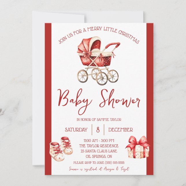 Invitación Un dulce Navidad, rojo y marfil, Baby Shower (Anverso)