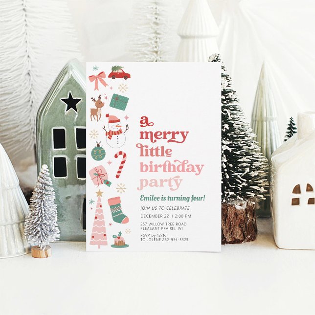 Invitación Un dulce Navidades Chica del partido de cumpleaños (A Merry Little Birthday Party pink and red invitation for girl December Christmas Holiday birthday)