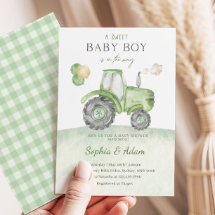 Invitación Un dulce niño está en camino Tractor Baby Shower