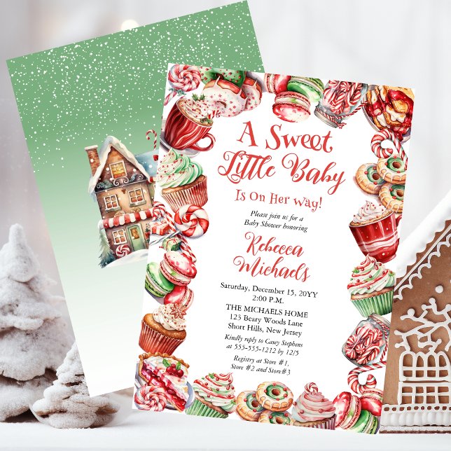 Invitación Un dulce pequeño bebé con marco de tela Baby Showe ("A Sweet Little Baby Is On Her Way" Christmas Holiday Candy Frame Girl Baby Shower Invitation)