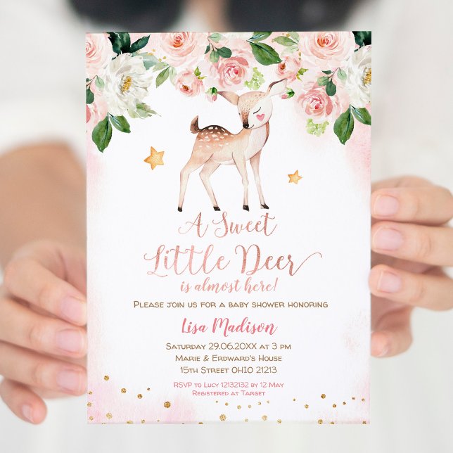 Invitación Un dulce pequeño venado de la flor rosa Baby Showe (Subido por el creador)