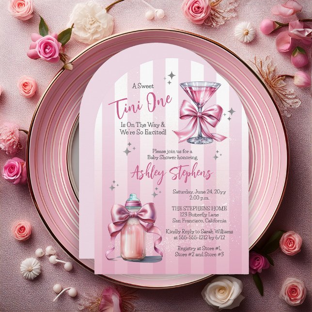 Invitación Un dulce Tini Un Chica De Coqueta Rosa Baby Shower ("A Sweet Tini One Is On the Way . . ." Coquette Bows, Martini | Baby Bottle Girl Baby Shower Invite)